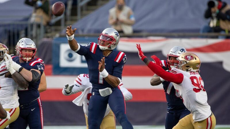 New England Patriots quarterback Cam Newton  throws  an interception during the first half against the San Francisco 49ers at Gillette Stadium in Foxborough. Photograph: CJ Gunther/EPA