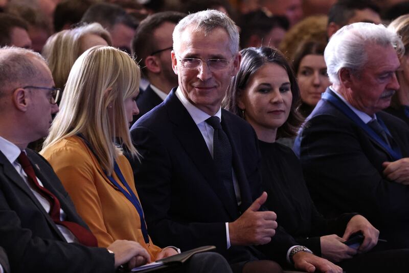 The then Nato secretary general Jens Stoltenberg and Elina Valtonen at a Nato conference in Berlin in 2023. Photograph: Clemens Bilan/EPA