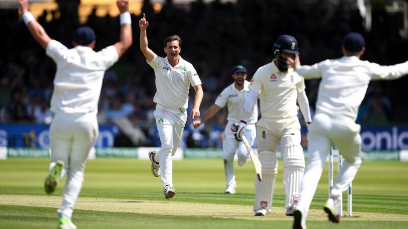Tim Murtagh celebrates taking the wicket of Moeen Ali at Lord’s. Photograph: Gareth Copley/Getty