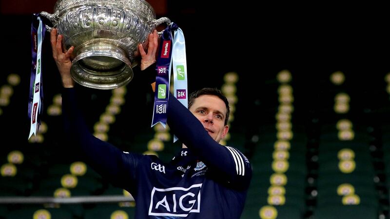 Stephen Cluxton celebrates Dublin’s Leinster title win. Photograph: Ryan Byrne/Inpho