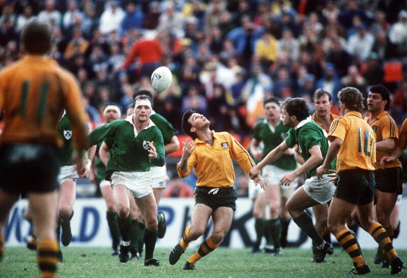 Ireland's Derek McGrath with Australia’s Brett Papworth during the 1987 World Cup clash. Photograph: Billy Stickland/Inpho 