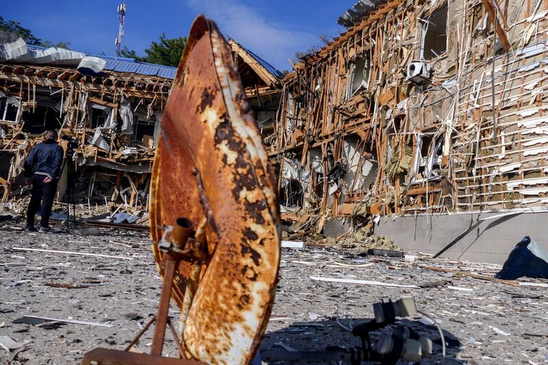 The building of a sailing school, damaged by debris of a downed drone in Odesa, Ukraine. Photograph: Ihor Tkachenko/EPA-EFE