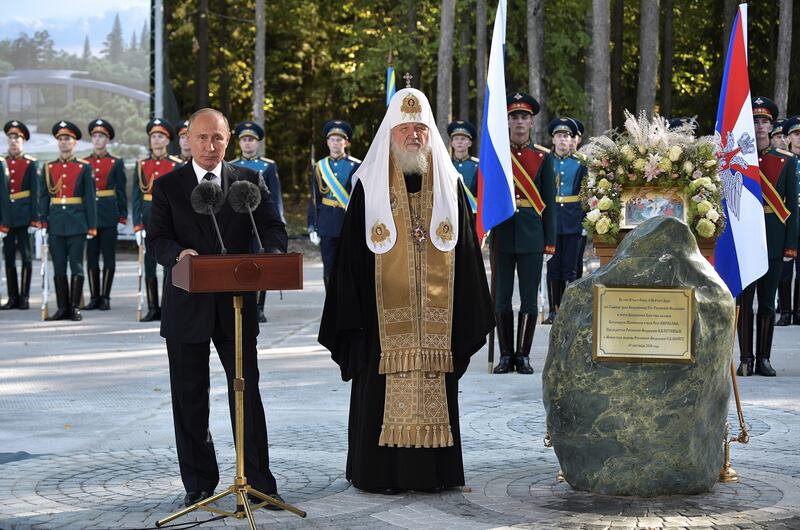 Mr Putin (left) and Patriarch Kirill of Moscow and All Russia at a ceremony to bless the foundation stone of the Cathedral of the Armed Forces at Patriot Park on September 18th, 2018. Photograph: Alexei Nikolsky/Getty