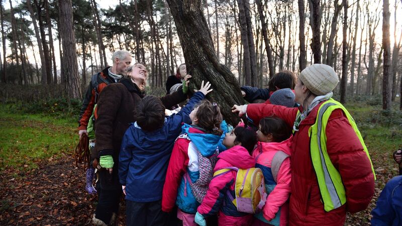 Children and leaders around a Hawthorn Tree. Photograph: Dara Mac Dónaill / The Irish Times