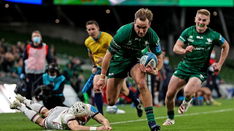 Connacht’s John Porch scores a try during the United Rugby Championship match against Ulster at the  Aviva Stadium. Photograph: James Crombie/Inpho