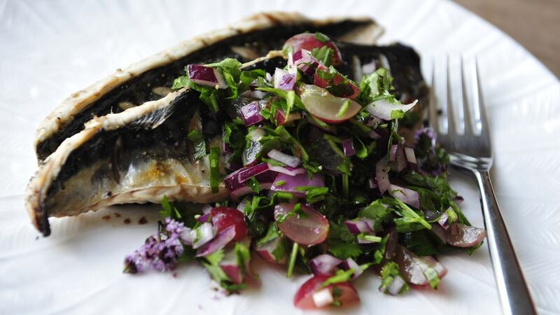 Grilled Mackerel and grape salad. Photograph: Aidan Crawley