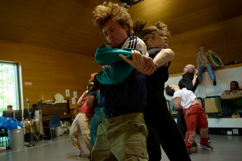 Peter Pan: Liam Bixby, who plays Peter, and Clare Dunne, who plays Captain Hook, in rehearsals at the Gate. Photograph: Ros Kavanagh