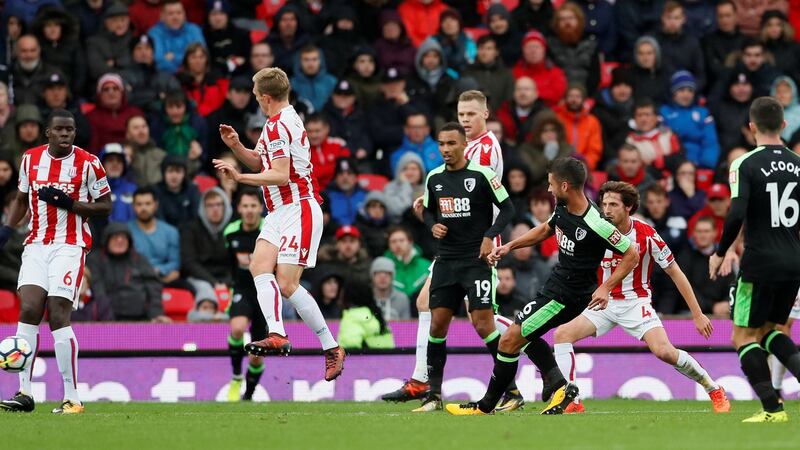 Bournemouth’s Andrew Surman scores his side’s  first goal in the  Premier League game against  Stoke City at  Bet365 Stadium. Photograph: David Klein/Reuters