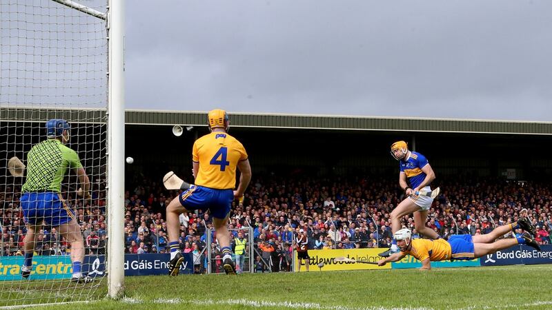 Séamus Callanan scores a goal against Clare. His  ability has never been doubted but now the Tipperary captain is leading by example due to his relentless workrate. Photograph: James Crombie/Inpho