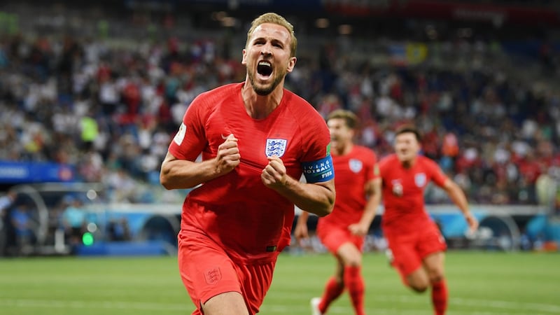 Harry Kane celebrates scoring England’s winner in Volgograd. Photograph: Matthias Hangst/Getty