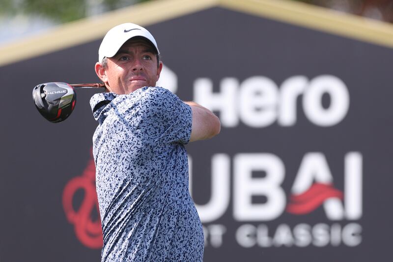Rory McIlroy on the sixth hole during his final round of the  Dubai Desert Classic at Emirates Golf Club on January 30th, 2023. Photograph:  Oisin Keniry/Getty Images