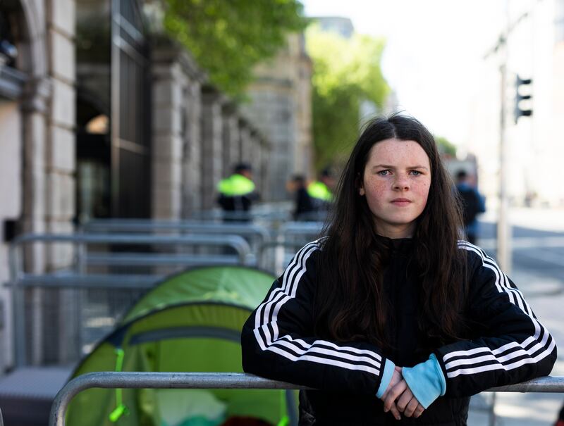 Cara Darmody halfway through her 50-hour Dáil protest to highlight disability assessment delays. Photograph: Sam Boal/Collins
