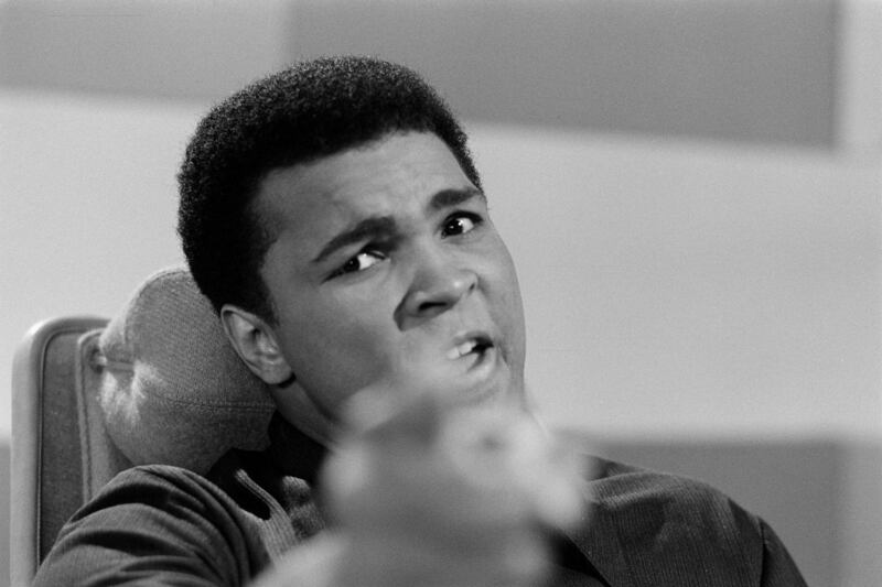 1972: Muhammad Ali points down the lens of camera prior to an interview with Cathal O’Shannon. Photograph: Tom Holton/RTÉ