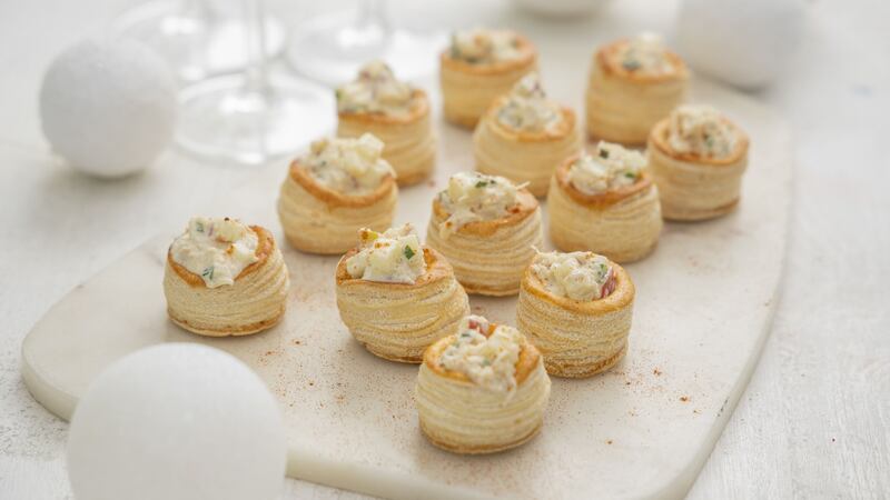 Crab vol-au-vents, apple and wasabi cream. Photograph:  Harry Weir