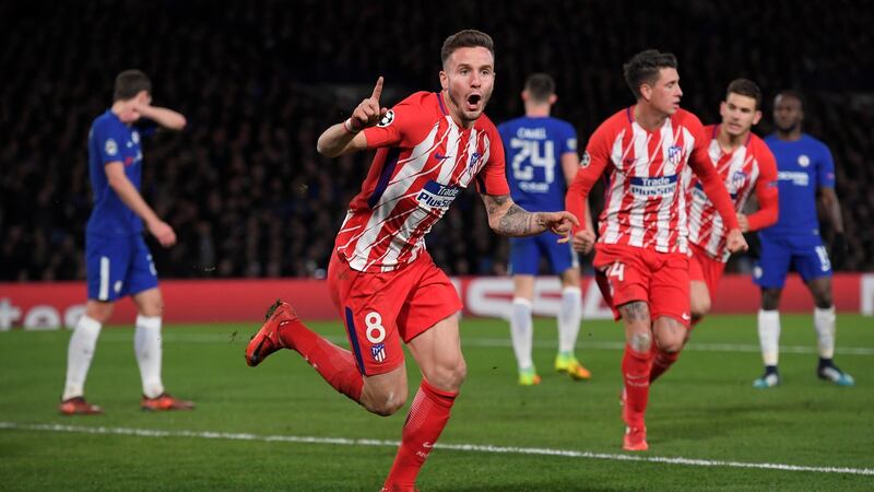 Saul Niguez after giving Atlético Madrid the lead at Stamford Bridge. Photograph: Toby Melville/Reuters