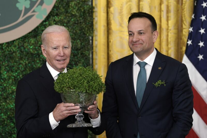 US president Joe Biden receives a bowl of shamrock from Taoiseach Leo Varadkar during his visit to the White House last year. Photograph: Yuri Gripas/Abaca/Bloomberg