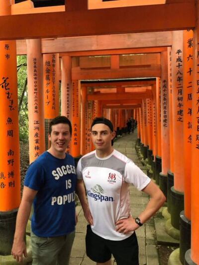 Jack Cantillon and Graham Dunn: two members of the ‘The Whiskey Barons’ who have invested in a Descendants Cask with Dingle Distillery are pictured at the 2019 Rugby World Cup in Kyoto