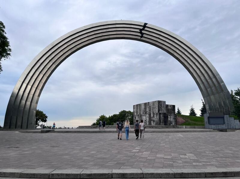 The arch of friendship in Kyiv was built in 1953 to commemorate the 300th anniversary of an alliance between Cossacks and Russia. Ukraine painted a black crack on the monument when Russia seized Crimea and invaded Donbas in 2014. Photograph: Nazar Yatsyshyn