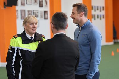 Assistant Garda Commissioner Paula Hilman,  Road Safety Authority chief executive Sam Waide and Tommy Bowe at the launch of the St Patrick’s weekend road-safety appeal. Photograph: Dara Mac Dónaill







