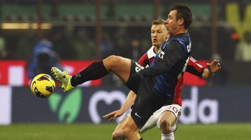 Antonio Cassano in action for Inter Milan against his former club AC Milan. Photograph: Getty Images