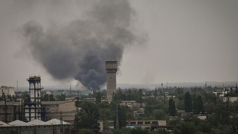 Smoke rises during shelling in the city of Severodonetsk, eastern Ukraine, on Saturday. Photograph: Aris Messinis/AFP via Getty Images