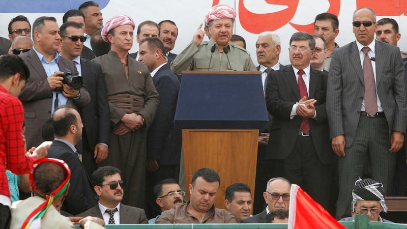 Iraqi Kurdish president Masoud Barzani speaks to the crowd during a rally  for the upcoming  independence referendum, in Sulaimania. Photograph: Ako Rasheed/Reuters