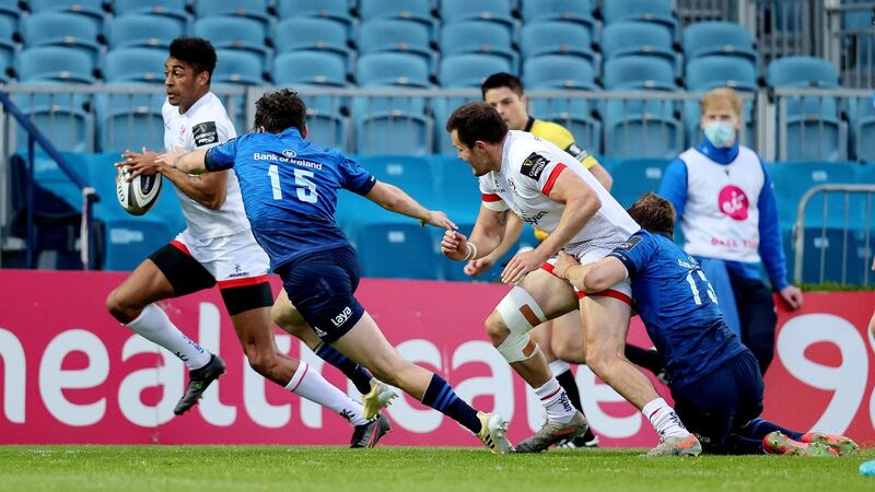 Ulster’s Robert Baloucoune is tackled by Jimmy O’Brien of Leinster during the Guinness Pro 14 Rainbow Cup game at the RDS. Photograph: Bryan Keane/Inpho