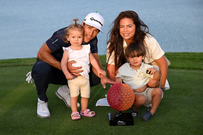 Thorbjorn Olesen of Denmark and his family celebrate his victory in the Ras Al Khaimah Championship at Al Hamra Golf Club in Ras al Khaimah, UAE. Photograph: Ross Kinnaird/Getty Images