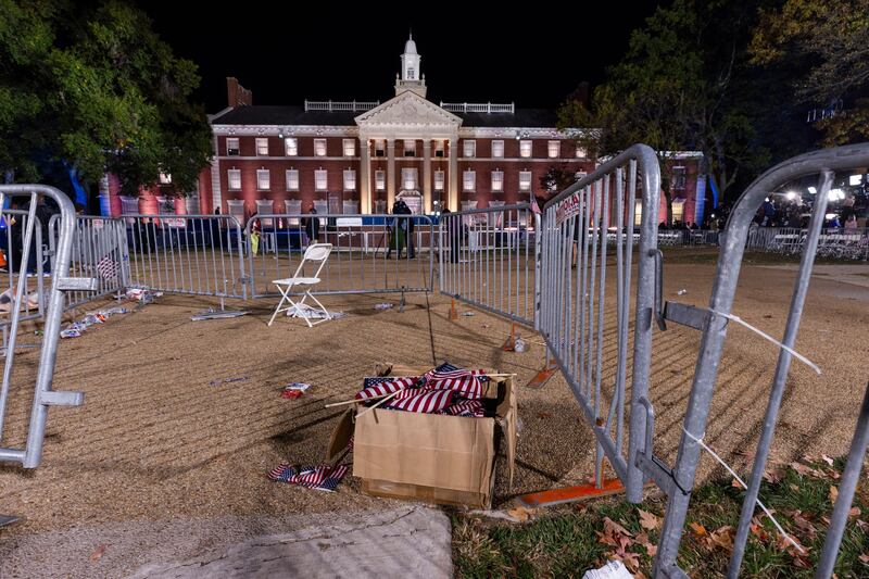 The set and podium for Kamala Harris's election night watch party at Howard University in Washington, DC, after she declined to speak and crowds dispersed. Photograph: EPA