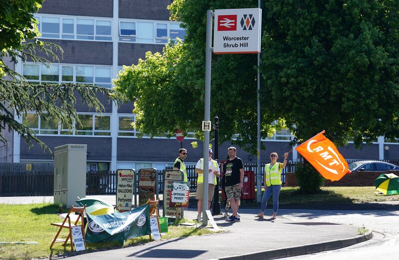 A picket line at Shrub Hill train station in Worcestershire as members of the Rail, Maritime and Transport (RMT) union strike  over pay, jobs and conditions. Photograph: 