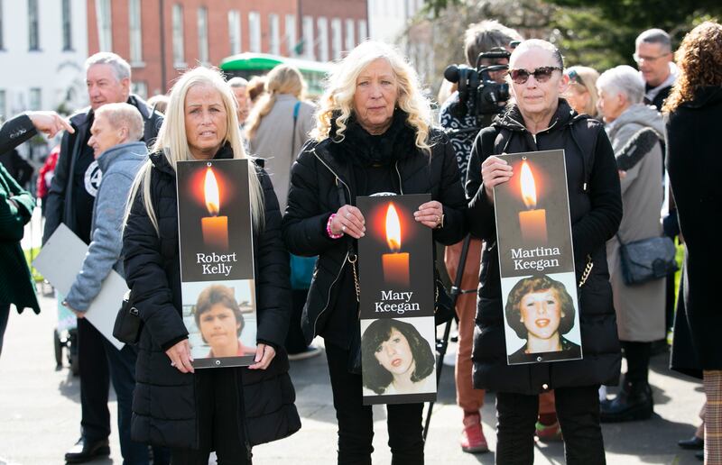 Suzanne, Antoinette and Lorraine Keegan, who lost their family members Martina and Mary in the Stardust fire, at the Garden of Remembrance in Dublin city centre, before the Coroner's Court inquest into the Stardust tragedy. Photograph: Gareth Chaney/Collins Photos