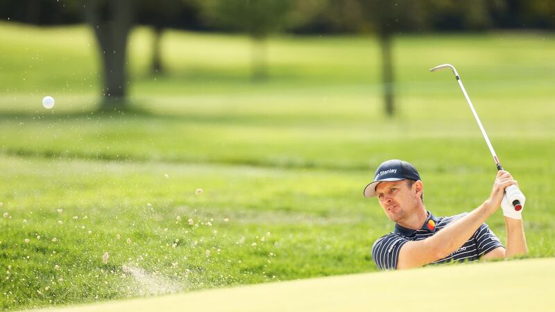Justin Rose plays from a greenside bunker during a practice round  at Winged Foot. Photograph: Gregory Shamus/Getty Images