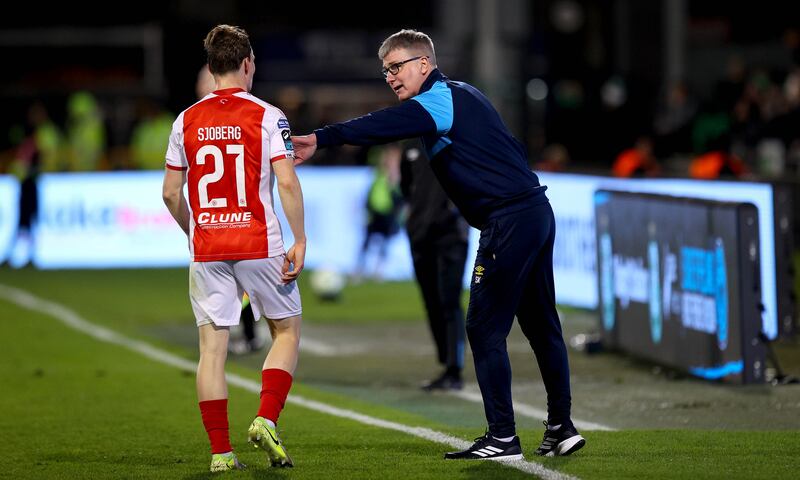 St Patrick's Athletic manager Stephen Kenny speaks to Axel Sjoberg. Photograph: Ryan Byrne/Inpho