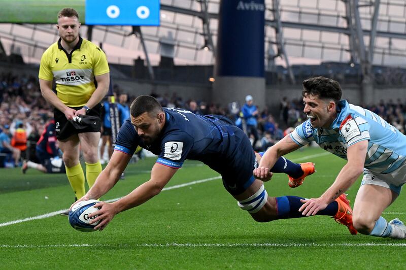 Max Deegan of Leinster dives in to score against Glasgow. Photograph: Charles McQuillan/Getty