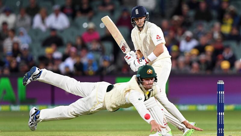 Australia’s Cameron Bancroft misses a catch from England captain Joe Root on day four of the second Ashes Test at the Adelaide Oval. Photo: Dave Hunt/EPA