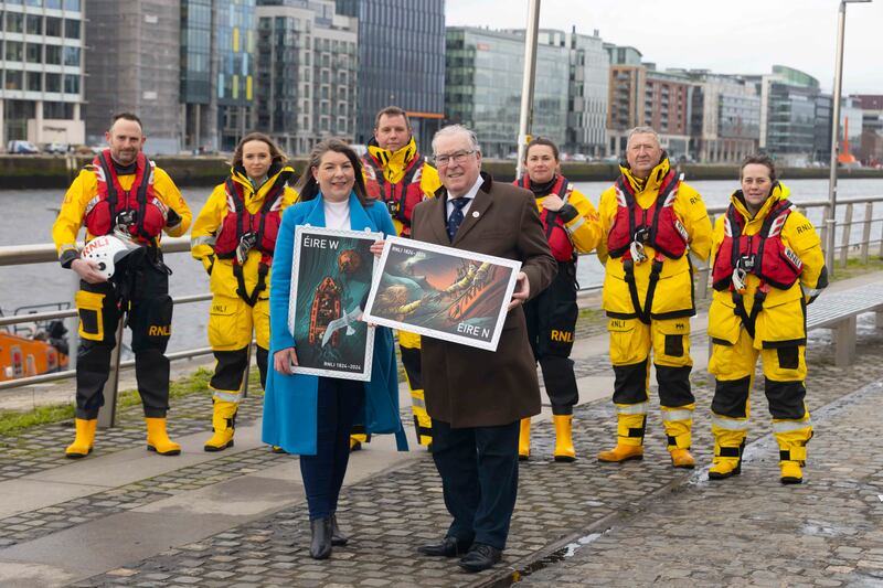Laura O’Mahony and Lar Sheeran, who were previously rescued by the RNLI, with RNLI crew members Liam Sherringham, Jen Harris, Barry Sharkey, Nadia Blanchfield, Eugene Kehoe and Michelle Devereux. Photograph: Patrick Bowne