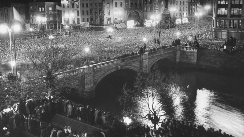 People celebrating the independence of Ireland on O’Connell bridge before midnight on Easter Sunday. ANU’s new piece, The Party to End All Parties is set on April 18th, 1949, the day on which Ireland was declared a Republic. Photograph: Larry Burrows/The Life Picture Collection via Getty Images