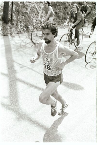 Neil Cusack on his way to winning the 1974 Boston Marathon. He spent the night before the race sewing a green shamrock to the front of his St Bernard-brand vest. Photograph: Bettmann