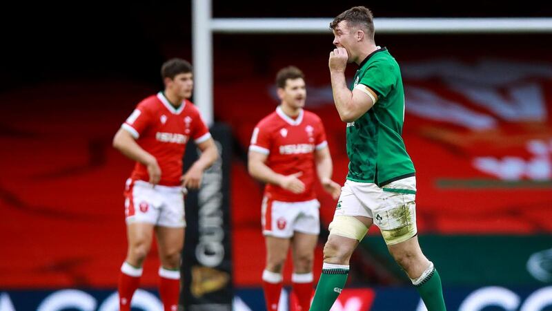 Peter O’Mahony leaves the pitch after he was sent off during Ireland’s Six Nations defeat to Wales. Photograph: Tommy Dickson/Inpho