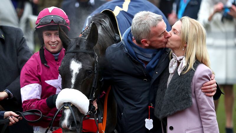 Don Cossack ridden by Bryan Cooper celebrates winning the Timico Cheltenham Gold Cup Chase alongside owner Michael O’Leary  and his wife Anita Farrell. Photograph: David Davies/PA