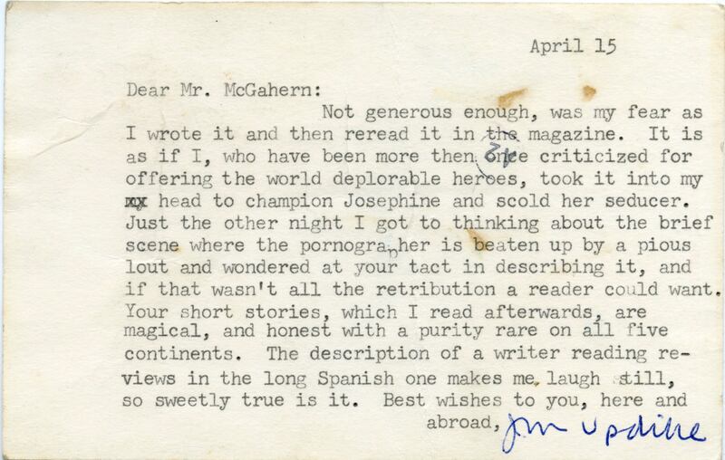 A postcard sent by John Updike to John McGahern. Photograph courtesy the McGahern Archive at the University of Galway