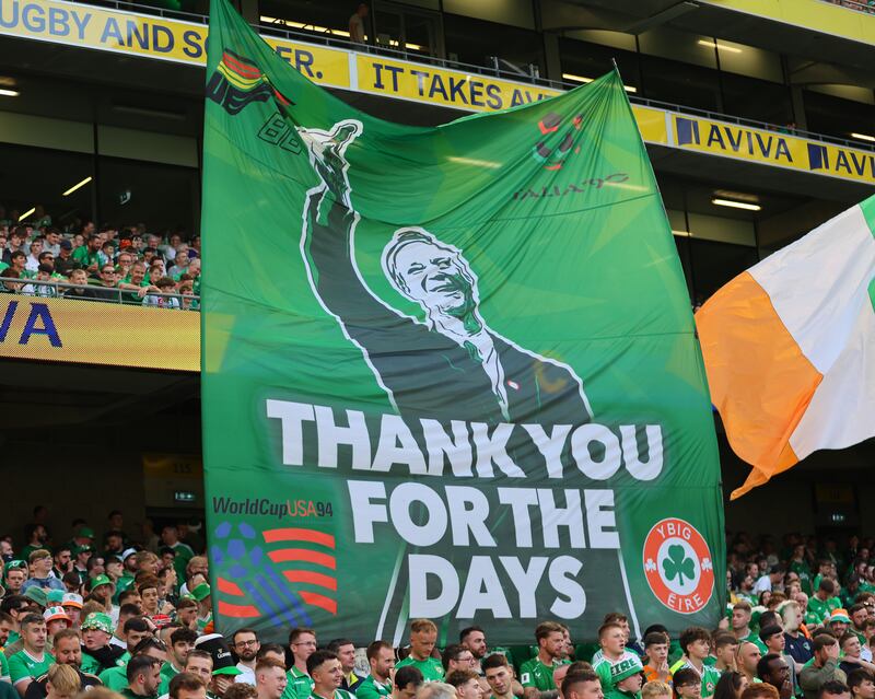 Ireland fans raise a banner in memory of former international manager Jack Charlton. Photograph: James Crombie/Inpho