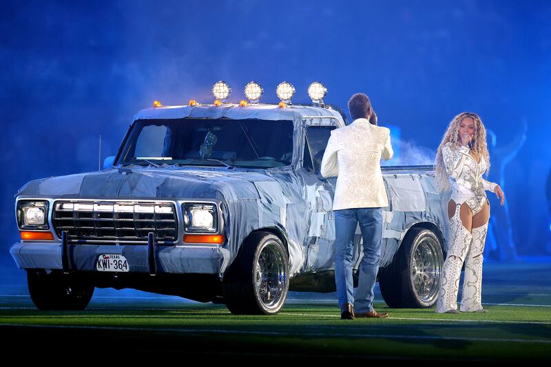 Post Malone and Beyoncé perform during the half-time show for the game between the Baltimore Ravens and the Houston Texans. Photograph: Alex Slitz/Getty Images