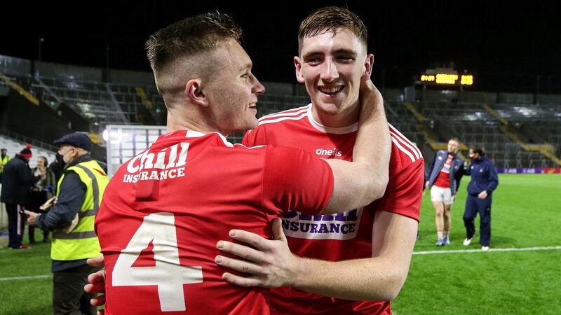 Cork’s Kevin Flahive and Mark Keane celebrate after  the Munster GAA Senior Football Championship semi-final between Kerry and Cork at Páirc Uí Chaoimh in November 2020. Photograph: Laszlo Geczo/Inpho