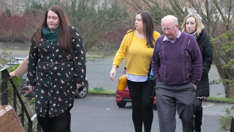 Oliver Prior and other relatives of the Alexander family arriving at the inquest at the Brandon House Hotel in New Ross, Co Wexford on Thursday. Photograph: Patrick Browne.