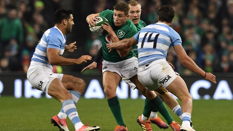 Jordan Larmour  tries to break the Argentina defence at the Aviva stadium. Photograph:  Charles McQuillan/Getty Images