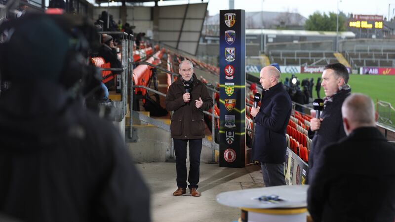 Mickey Harte on commentary duty for the BBC. Photograph: Matt Mackey/Inpho