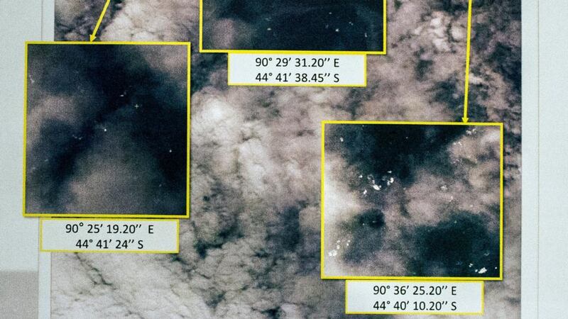 A picture of satellite images  showing locations of potential objects related to the search of Malaysia Airlines flight MH370. Photograph: EPA
