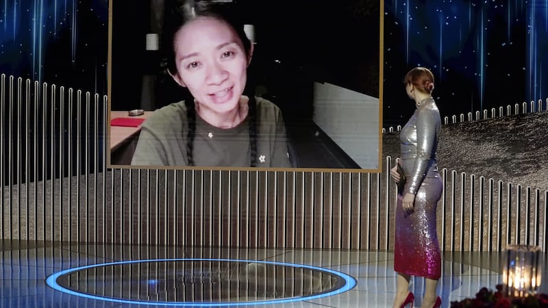 Chloé Zhao accepts the best director - Motion Picture award for Nomadland via video from Bryce Dallas Howard onstage at the 78th Annual Golden Globe Awards held at The Rainbow Room in New York. Photograph:  Peter Kramer/NBC/NBCU Photo Bank via Getty Images