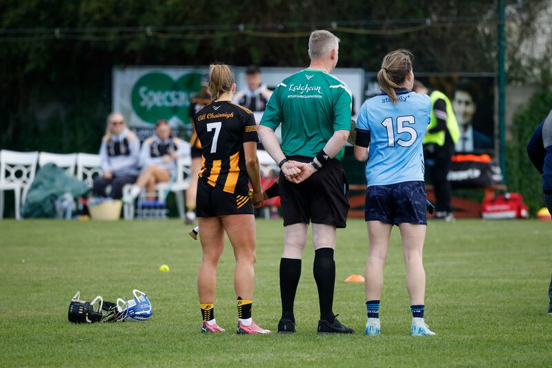 Kilkenny captain Katie Power in shorts with referee Ray Kelly and Dublin's Aisling Maher, also in shorts, before the throw-in.  Photograph: Nick Bradshaw